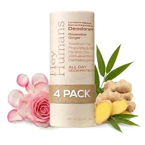 Hey Humans Deodorant, Aluminum Free Deodorant for Women and Men, Contains Naturally Derived Ingredients, All Day Odor Control, Refreshing Essential Oils, Earth Friendly Package, Rosewater Ginger