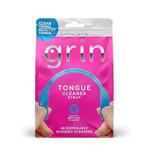 GRIN Tongue Cleaner Strap, 48 Count, Disposable Tongue Cleaner, Hygienic Dual Edge Scraper, Recycled Plastic, Clean Tongue, Healthy Tongue, Promote Fresh Breath, Includes Safe Fold- Back Tooth Pick