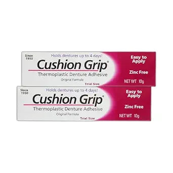 Cushion Grip Thermoplastic Denture Adhesive, 0.35 oz Travel Size (Pack of 2) ��� Refits and Tightens Loose Dentures for Up to 4 Days | Glue-Free, Zinc-Free, Waterproof, Acts Like a Soft Denture Reliner