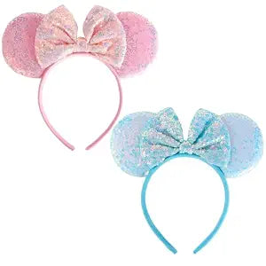 Kacmagic 2 Pack Mouse Ear Headbands with Shiny Bows, Premium Durable Material, Comfortable Non-Slip Headbands for Women & Girls, Ideal for Birthday Parties, Theme Events, Party Favors & Gifts