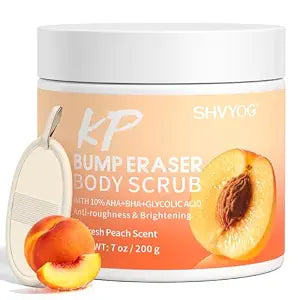 SHVYOG KP Bump Eraser Body Scrub with 10% AHA+BHA & Glycolic Acid, Exfoliating Body Scrub for Chicken & Strawberry Skin, Helps Reduce Skin Bumps, Soothe Rough Redness, Ingrown Hair, Peach Scent 7 Oz