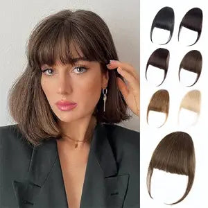 EINAEY Clip in Bangs, 100% Real Human Hair Medium Brown Fake Bangs Hairpieces for Women Bangs Hair Clip Fringe with Temples Wispy Bangs Clip in Hair Extensions for Daily Wear