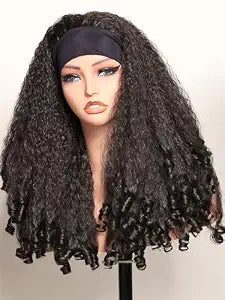 New Afro Curly Headband Wig Synthetic Braided Hair Texture with Unique Bouncy Curls in the End 20 Inch Soft Curly Headband Wigs for Black Women Dark Brown Blend Kinky 4C Hair