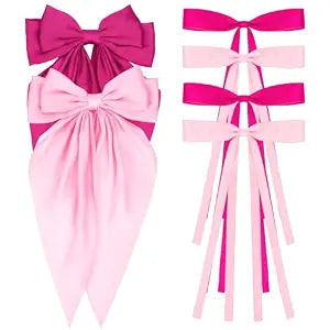 ANBALA Satin Ribbon Hair Accessories Set - 6 PCS Long Tailed Bowknot Hair Clips and Barrettes for Women and Girls (Pink, Hot Pink)