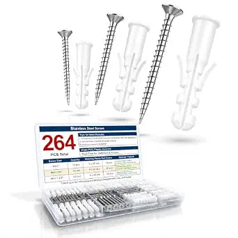 Drywall Anchors and Screws Kit 264PCS Stainless Steel Screws and Anchors for Wall, Drywall, Picture Hanging Heavy Duty Plastic Wall Anchors Set for Drywall, Anchors for Screws