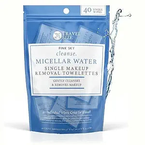 Pink Sky Micellar Water Makeup Remover Wipes - 40 Individually Wrapped Facial Cleansing Towelettes, Ultra Soft Face Wipes for Gentle Makeup Removal, Travel-Friendly & Hydrating Skincare