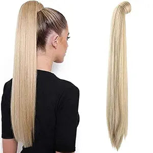 SEIKEA 28 Inch Clip in Ponytail Extension Wrap Around Long Straight Pony Tail Hair Synthetic Hairpiece for Women Color Blonde with Pale Gold Highlights