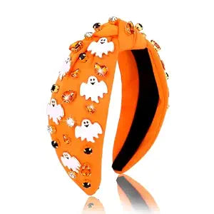 Jaciya Halloween Headband Ghost Headband Rhinestone Knotted Wide Hairband for Women Party Costume Accessories(Orange)