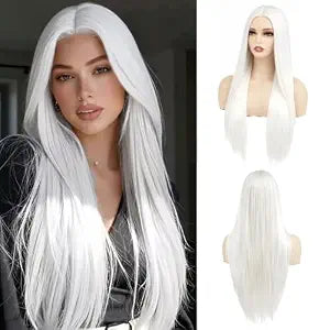 White Wigs for Women Long Straight Wig Middle Part Heat Resistant Synthetic Fiber Hair Halloween Daily Party Use
