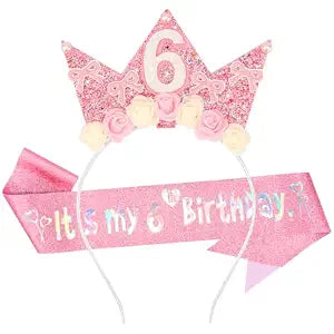 SuPoo 6th Birthday Decorations for Girl Pink Bow 6th Birthday Sash and Headband Crown for Girls Glitter Hair Band for Party 6 Year Old Flower Princess Tiara Hair Accessory Outfit Gift