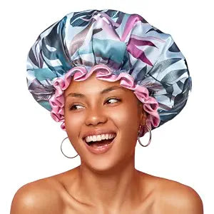 mikimini Large Shower Cap for Women Adjustable Double Layer, Tropic