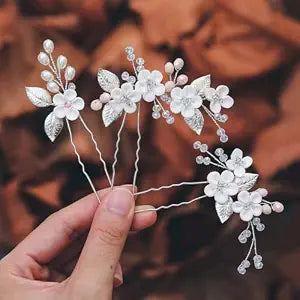 Casdre Flower Bridal Hair Pins Pearl Bride Wedding Hair Accessories Rhinestone Hair Piece for Women and Girls(Pack of 3) (A Silver)