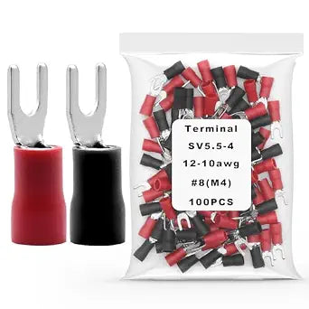 100Pcs 12-10 AWG #8 Brass Insulated Fork Spade Wire Connector Red and Black U-Type Electrical Crimp Spade Terminals (Brass(50Pcs Red+50Pcs Black), 12-10 AWG #8)