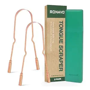 RONAVO Copper Tongue Scraper for Adults (2 Pack), 100% Pure Copper, Naturally Anti-Microbial, Banishes Bad Breath and Maintains Oral Hygiene, Tongue Cleaner with Travel Case, Easy to Use and Clean