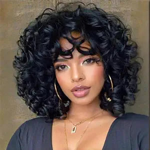 Short Curly Wigs for Black Women Soft Black Big Curly Wig with Bangs Afro Kinky Curls Heat Resistant Natural Looking Synthetic Wig for African American Women (Black)