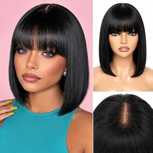 Straight Bob Wig Human Hair With Bangs Glueless 2x4 HD Lace Colsure Wigs, Ready to Go Human Hair Wig Short Wigs Human Hair For Women Beginner Friendly (Natural Black, 10 Inch)