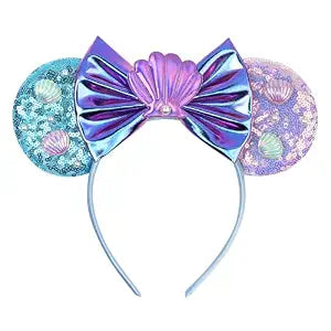 zhezesmila Iridescent Mermaid Mouse Ears Headband – Sequin & Seashell Costume Accessory Ears for Women & Girls – Ocean Princess Theme Park Outfit