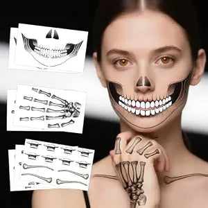 7 Sheets Skeleton Temporary Face Tattoos, Skull Halloween Tattoo Stickers