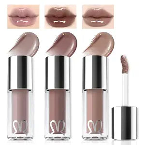 Noerrors 3pcs Mirror Finish Glossy Nude Lip Gloss Set for Women, Light Grayish Mauve Pale Pink Cool Toned Liquid Lipstick, Moisturizing Soft Smooth Lightweight High Shine Lip Glow Oil Gothic Makeup