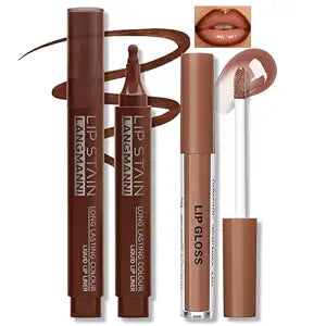 HOSAILY Lip Combo - Mocha Brown Lip Liner Marker Pen with Nude Lip Gloss, Longwear Liquid Lip Liner Stain Waterproof Non-Stick Cup Nourishing Glow Oil Liquid Lipstick Makeup