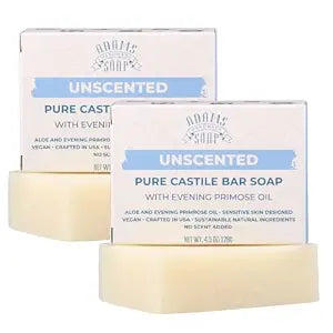 Adams Handmade Soap Unscented Pure Castile Bar Soap – 4.5 oz | With Evening Primrose Oil | Vegan, Cold Process, 84% Organic, Fair Trade, No Fragrance, Sensitive Skin Safe, USA Made