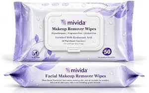 mivida Hypoallergenic Makeup Remover Wipes with Hyaluronic Acid, HRIPT Clinically, Dermatologist Tested Fragrance Free makeup wipes Twin Pack 2x50 ct