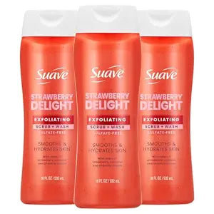 Suave Strawberry Delight Exfoliating Body Scrub & Wash with Glycerin & Vitamin E, Sulfate-Free Hydrating Cleanser for Soft, Smooth Skin, 3 Count, 18 FL OZ EA
