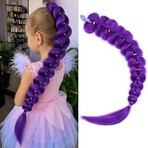 Purple Braiding Hair Ponytail 26 inch Long Purple Hair Extensions for Halloween Cosplay Costume Crazy Hair Day Pre-Braided Ponytail Kid-Friendly Synthetic Braids Hair