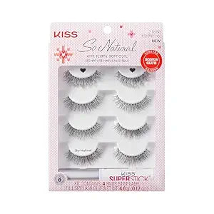 Kiss So Natural Holiday False Eyelashes, ���Shy Natural���, 8mm-10mm, Natural Volume, Tapered Ends, 3 Pairs + 1 Pair with Glitter, Kiss SuperStick Strip Lash Adhesive, Clear, Net Wt. 4.8