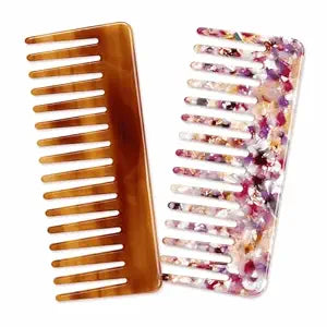 Detangling Comb Set, 2 Pack Large Cellulose Acetate Wide Tooth Hair Comb for Wet Dry Use, Anti Static, for Thick Curly Wavy Hair, Smooth Durable (Flower, Coffee)