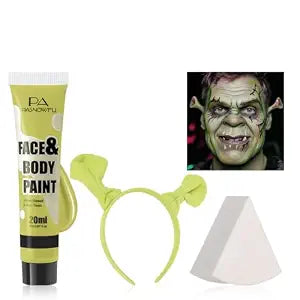 Halloween Makeup Kit for Shrek, Water-Based Face Paint Set with Headband, Ogre Green Face Paint for Halloween Cosplay SFX Makeup, Costume Parties, Theatre,Stage Shows