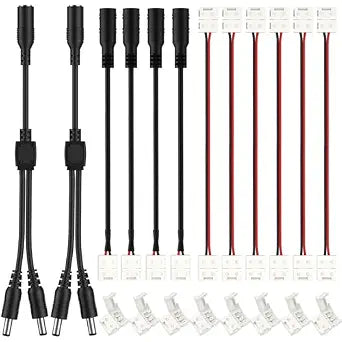 HitLights LED Strip Connectors 2Pin 8mm LED Connector Kit Include Solderless Gapless Connector, 6Inch Jumper, DC Female, DC Jack Splitter for LED Light Strips