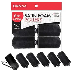 DONNA Silky Satin Foam Rollers 1.25"(D) 6PCS XL Hair Styling Heatless Curlers and Clips for Hairdressing BLACK