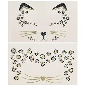 CBLUO 2 Pcs Halloween Temporary Stickers Cat Face Gems Jewels Women Cat Rhinestone Masquerade Face Tattoos Crystal Makeup Sticker Glitter Holiday Festival Dress Up Cosplay Birthday Party Supplies