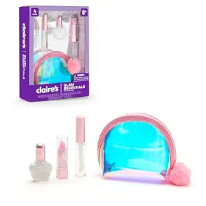Claire's Glam Essentials Kids Makeup Kit, 4-Piece Real Cosmetic Set with Mini Pouch, Lip Gloss, Lipstick & Nail Polish, Pretend Play Make Up for Kids Ages 6+, Girl Toys & Beauty Activity Gift