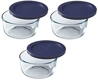 Pyrex 7200 2-Cup Glass Bowl & 7200-PC Dark Blue Lid (3-Pack) - Made in USA