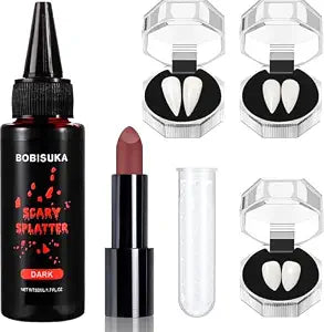 BOBISUKA Halloween Vampire Makeup Kit with Fake Blood, Red Brown Lipstick, 3 Pairs Vampire Teeth, Horror Cosplay Costume Accessories for Halloween, Vampire, Costume Party