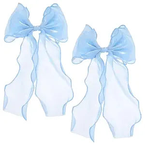 2PCS Large Blue Hair Bow Clips for Women Girls, Elegant Silk Yarn Ribbon Bow Hair Barrette Long Tail Bowknot Hairs Clip Hairs Accessories for Wedding Festival Birthday Party Daily(Blue)