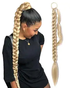 Braided Ponytail Extension with Hair Tie, Fake Braid Blonde Ponytail Extension for Women, Extra Long Straight 1 Pack 32 inch