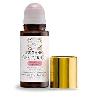 Grandma Flo's Naturals Organic Castor Oil with Rose Quartz Roll On For Face and Body - Glass Bottle, Cold Pressed, Hexane Free, Unrefined - Stimulate Hair Growth, Moisturize Skin (50ml)