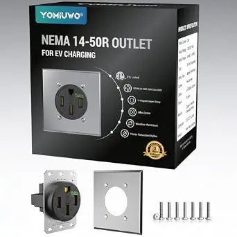 50 Amp EV Charging Receptacle/Nema 14-50 EV Outlet with Wall Plate: Weather Resistant Straight Blade,2.42" Diameter, U-Shaped Brass Clamp -Industrial Grade, 3-Pole 4-Wire Grounding,125/250V,ETL Listed