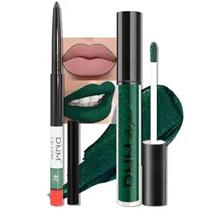 evpct 2Pcs Emerald Green Shimmer Glitte Liquid Lipstick Lip Gloss Stain and Retractable Lip Liner Makeup Set for Women Long Lasting Waterproof 24 Hours Lipstick labial mate larga duracion 24 47#