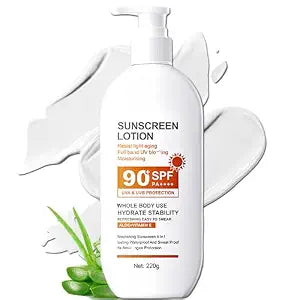 SPF 90 Sunscreen Lotion for Body & Face, Broad Spectrum UVA UVB Protection, Waterproof & Sweat Resistant Sunblock with Aloe Vera & Vitamin E, Lightweight Hydrating Sunscreen for Outdoor Use, 220g