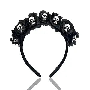 Halloween Skull Headband, Day of the Dead Black Flower Crown Hair Accessories for Women Halloween Costume Cosplay Party