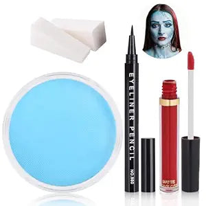 Sally Makeup Kit, Sally Face Costume Cosplay Accessories for Women, Corpse Bride Costume Makeup Kit, Water Activated Light Blue Face Body Paint+Red Lipstick+Black Eyeliner+Sponges