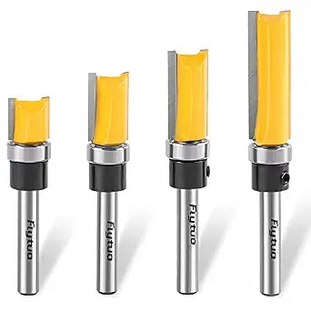 4PCS Pattern Flush Trim Router Bit Set 1/4" Shank, Professional Carbide Top Bearing Flush Trim Bit Kit with Length in 1/2", 3/4", 1", 1-1/2", Straight Cut Woodworking Tool(Cutting Dia: 1/2")