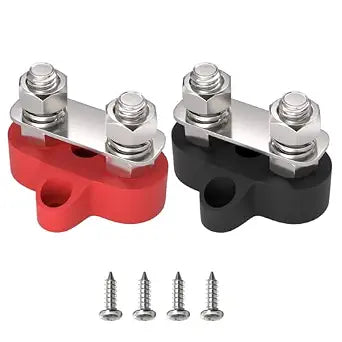APIELE Bus Bar M8 5/16" Dual Stud Terminal Block, 48V Battery Power Distribution Block for Marine, Automotive, RV, Solar Battery (Pair, Red & Black)