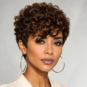 4# Brown Pixie Cut Wig Short Curly Human Hair for Women None Lace Front