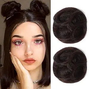 REECHO Space Bun Hair Pieces, 2 PCS Mini Claw Clip in Messy & Cat Ears Fake Hair Bun Extensions HB001 Wig Accessory Updo Hairpieces for Women (Pack of 2-3.5" Wavy, Black Brown)
