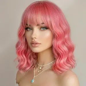 Sweetie Blush Pink Bob Wig Bangs – Wavy Synthetic Shoulder Length